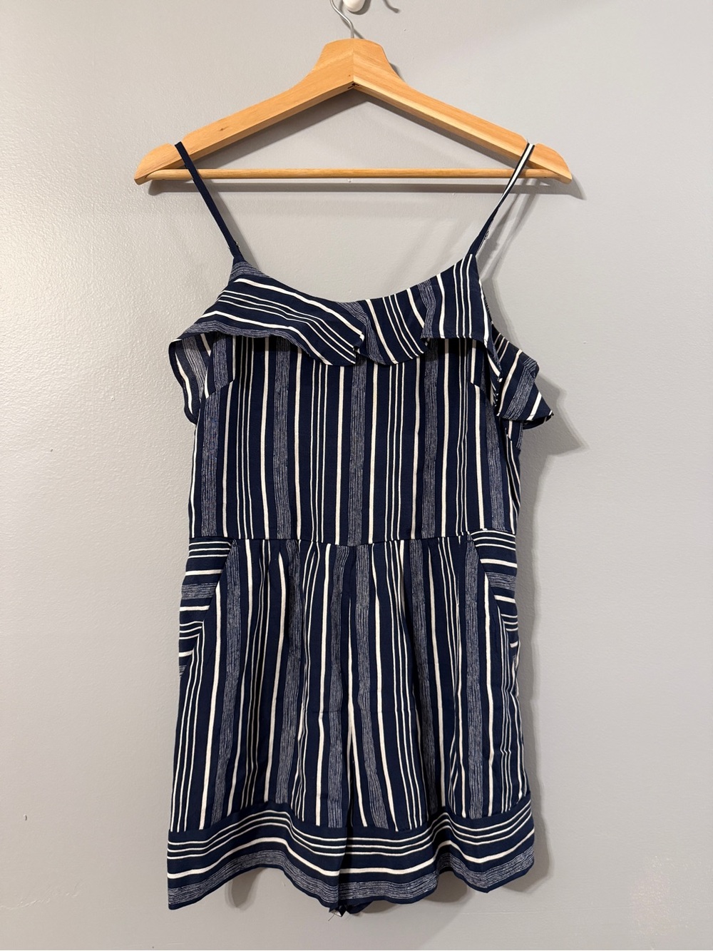 LOFT Navy and White Striped Ruffle Romper